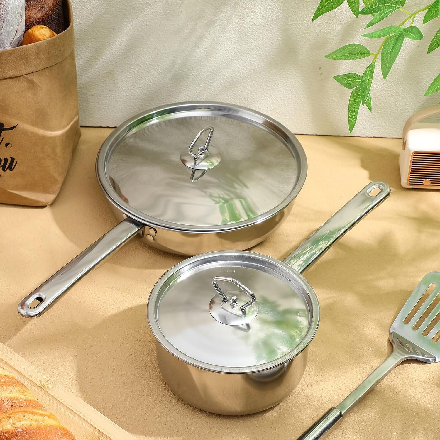 15pcs Stainless Steel Cookware Set with Lids and Cooking Utensils, Induction Compatible Kitchen Pots and Pans Set with Composite Bottom for Gas, Electric, and Induction Stoves