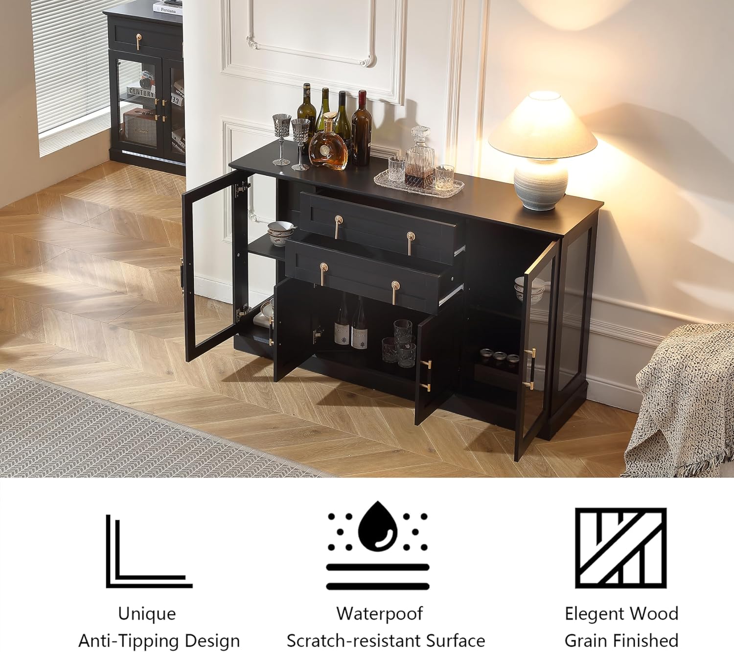 FOREST GRAVITY 58.27'' Buffet Cabinet with 2 Drawers,LED and Adjustable Shelves,Large Glass Door Coffee Bar Cabinet with Storage,Modern Farmhouse Sideboard Credenza for Kitchen,Black