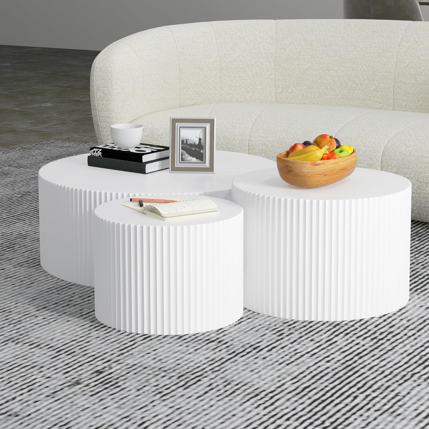 White Round Coffee Table Set of 3 Modern Drum Circle Nesting Coffee Tables for Living Room, Contemporary Wood Fluted Embossed Side Table End Table, No Assembly, White (3-Pcs)