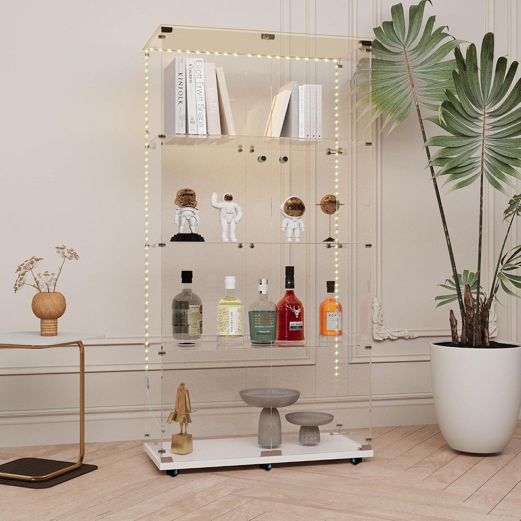 65' Tall Tempered Glass Display Cabinet with LED Lights&Rolling Wheels, Curio Cabinet with 4 Shelves with 2 Door, Quick-Install Style Floor Standing Bookshelf File Cabinet for Living Room Office