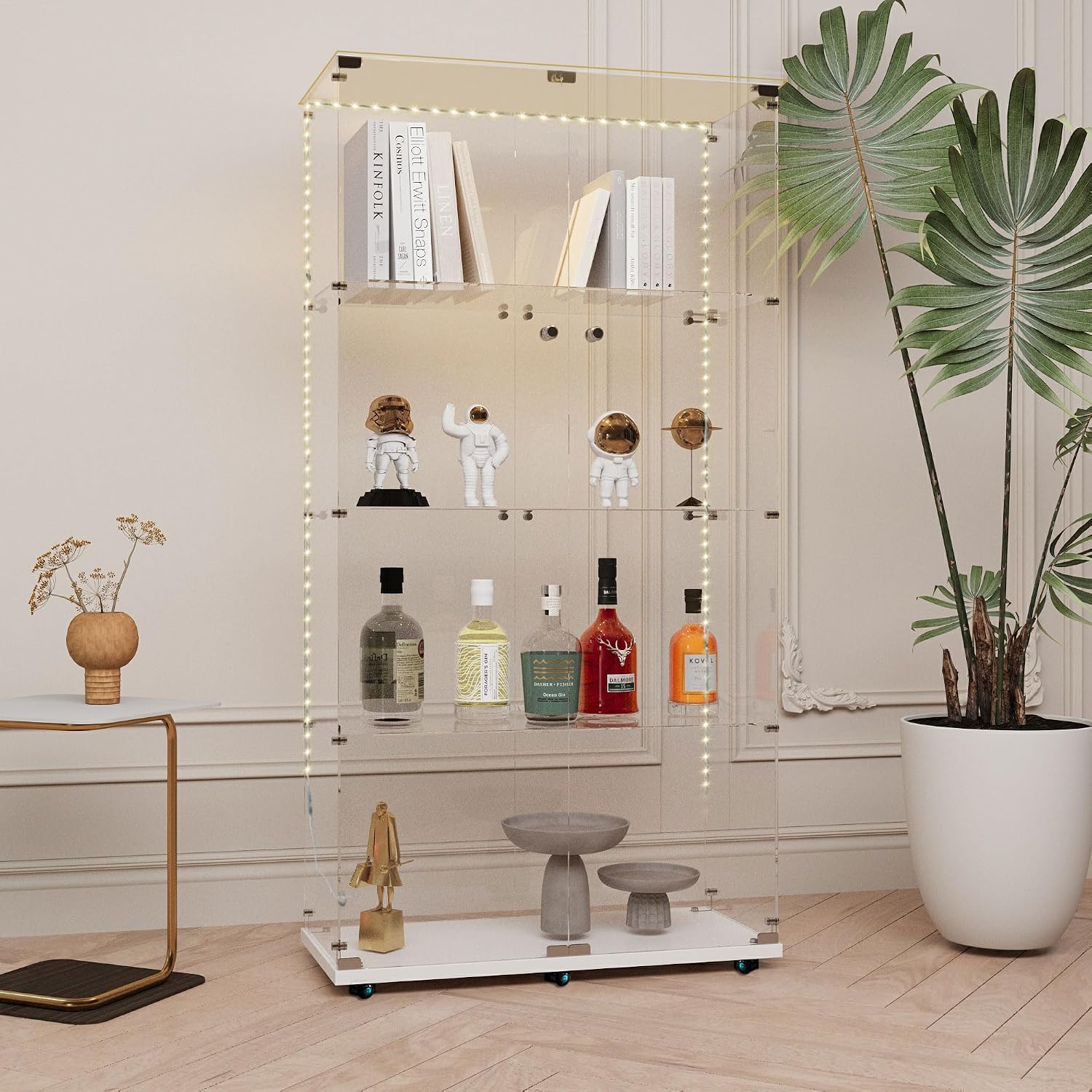Modern Glass Display Cabinet 4-Shelf with LED Light, Lock and Wheels, 2 Door Curio Cabinets, Tempered Glass Collection Display Showcase for Living Room Home Office,30.9x13.5x65 H,White