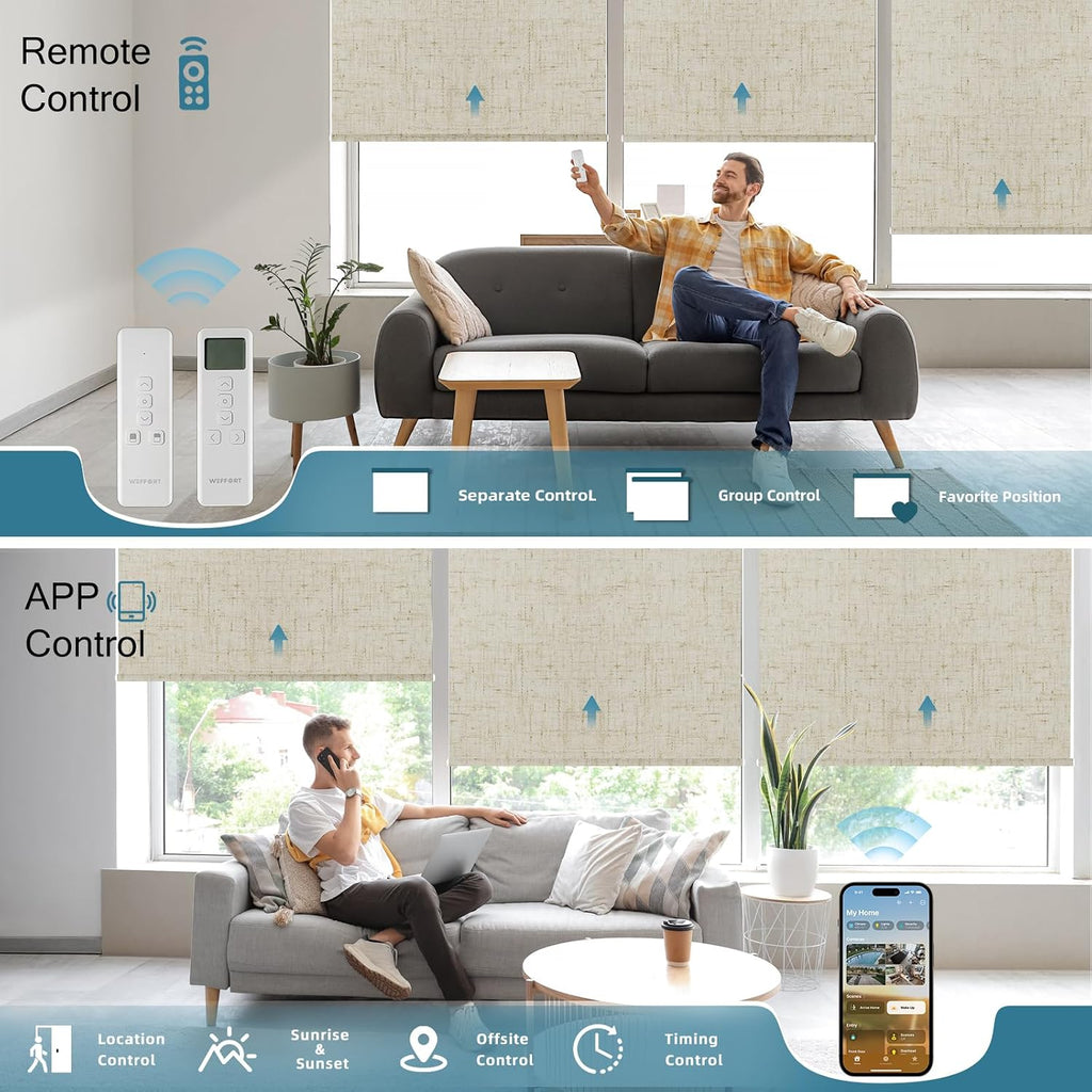 Motorized Roller Shade, 100% Blackout Smart Window Blinds Work with Homekit, Alexa, Google Home, Remote Control, Electric Blinds with USB/Solar Pannel,Custom up110''Wx120''H,Linen Stone