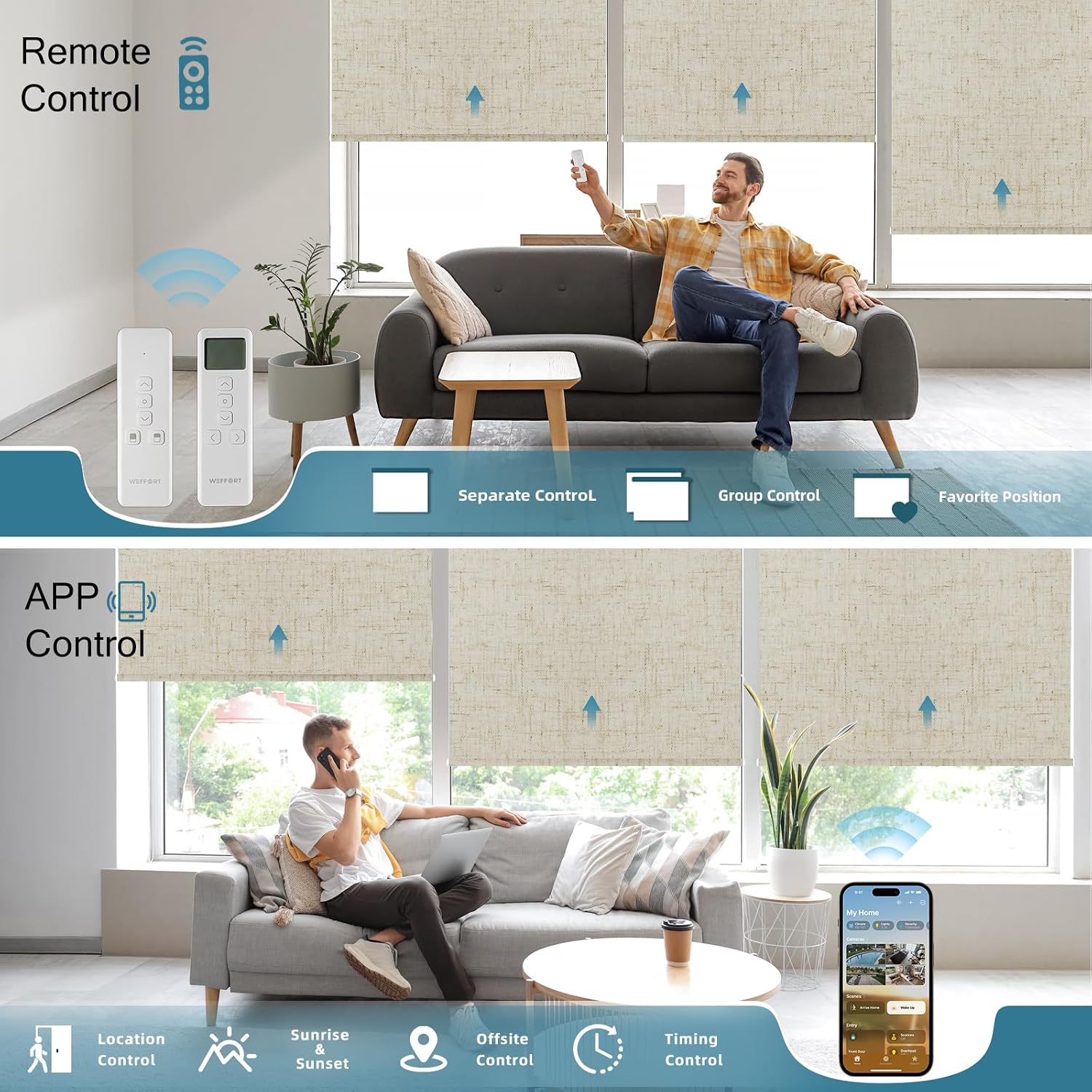 Motorized Roller Shade, 100% Blackout Smart Window Blinds Work with Homekit, Alexa, Google Home, Remote Control, Electric Blinds with USB/Solar Pannel,Custom up110''Wx120''H,Linen Stone