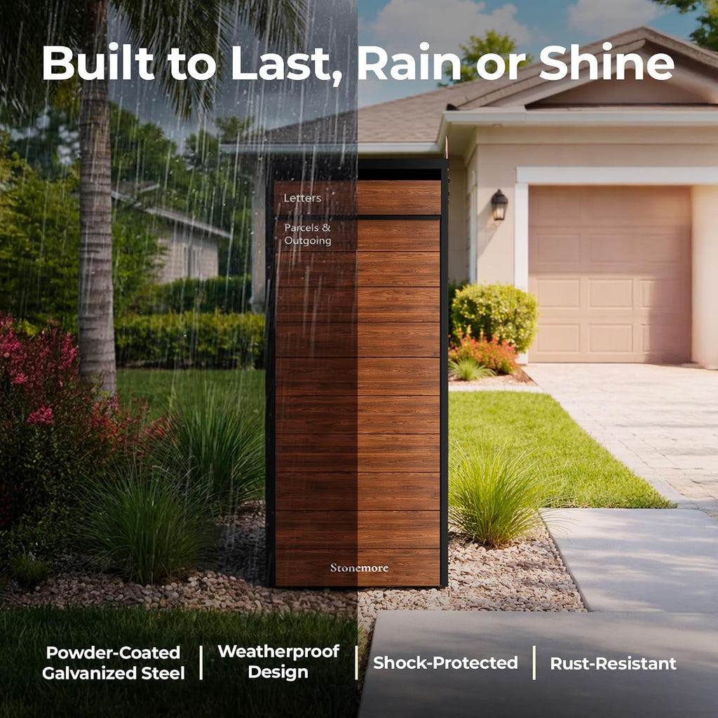 Cali USPS Compatible Mailbox, Snow White/Oak Package Mailbox, Anti-Theft Locking Parcel Drop Box for Porch Or Curbside, Large Mailbox for Packages, Weather-Sealed Powder Coated Steel