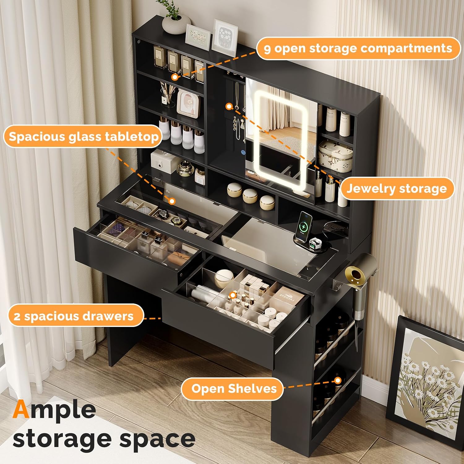VINGLI Vanity Desk with Sliding Mirror and Lights, Glass Top Makeup Vanity Table w/Shelves & Hidden Jewelry Storage & Power Outlets & Hairdryer Holder,54in Black Dressing Table Gifts Girls