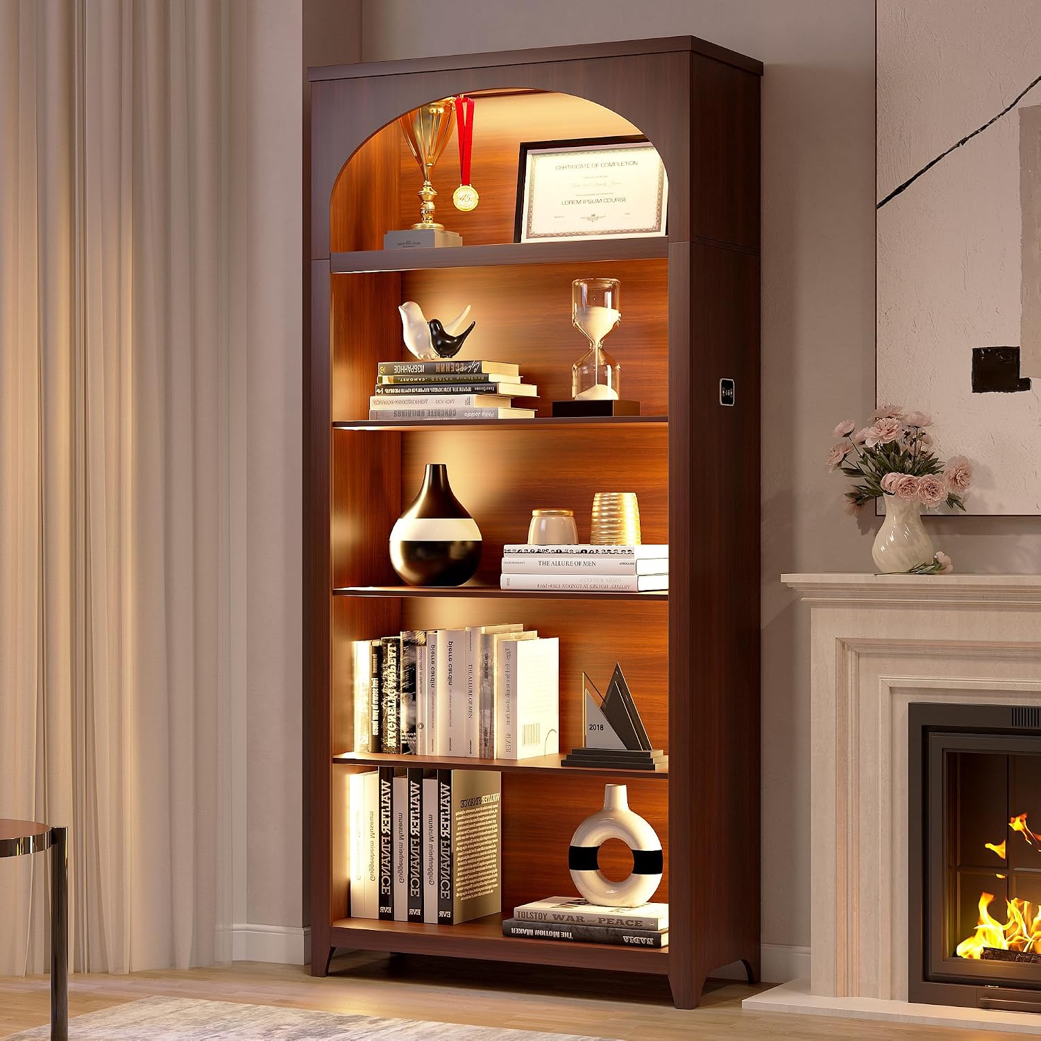 5-Tier LED Arched Bookshelf with Lights - 70'' Tall Bookcase with Storage, Floor Standing Modern Display Shelf for Living Room, Office, Study Room, Entryway, Ideal Gift, Walnut