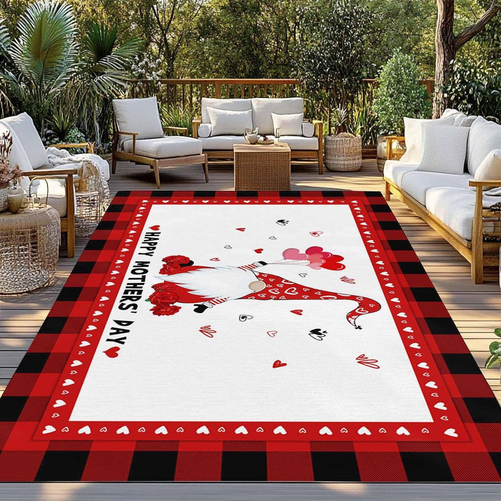 Outdoor Rug 4x6ft Mother's Day Carnation Dwarf Red Buffalo Check Patio Area Rugs Waterproof Easy Cleaning Non Shedding Thick Mats Black Carpet for Indoor Outdoor Porch Deck Backyard Balcony