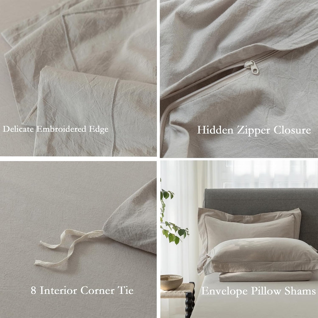 Cooling Duvet Cover Set 3 Pieces-100% Washed Cotton with Chic Wide Trim Design Linen Like Textured Ultra Soft Cozy Bedding with Zipper Closure(Hemmed Beige Grey,Oversized King 120'x98')