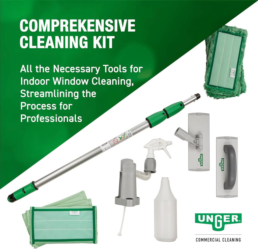 Unger Commercial SpeedClean Window Cleaning Kit, 11-Piece Set, 8-Inch Pad Holder with Microfiber Pads, 6-Foot Reach