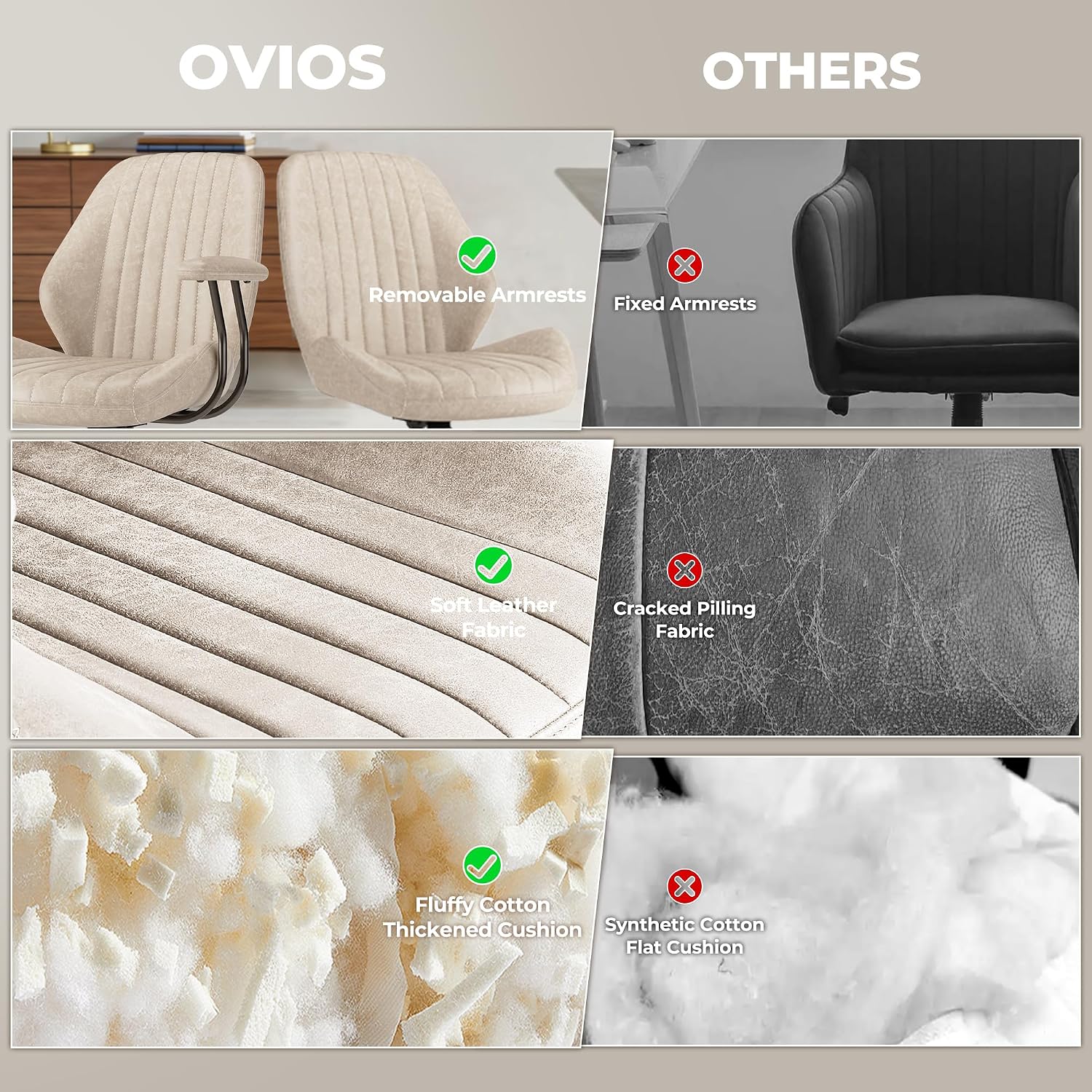 ovios Ergonomic Office Chair, Mid Back Faux Leather Executive Chairs with Armrests, Comfy Mid-Century Modern Swivel Rolling Computer Armchair (Beige, Suede Leather)