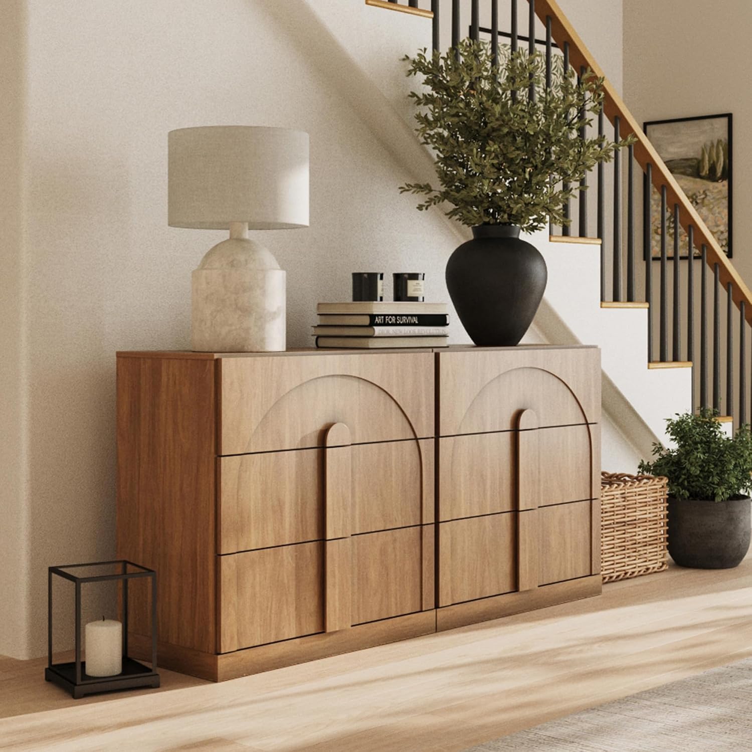 BELLEZE Sideboard Cabinet with 3 Drawers, Set of 2 Modern Wood Buffet Cabinet with Arc Design, Large Fluted Sideboard with Storage for Dining Room Living Room Entryway, Camel