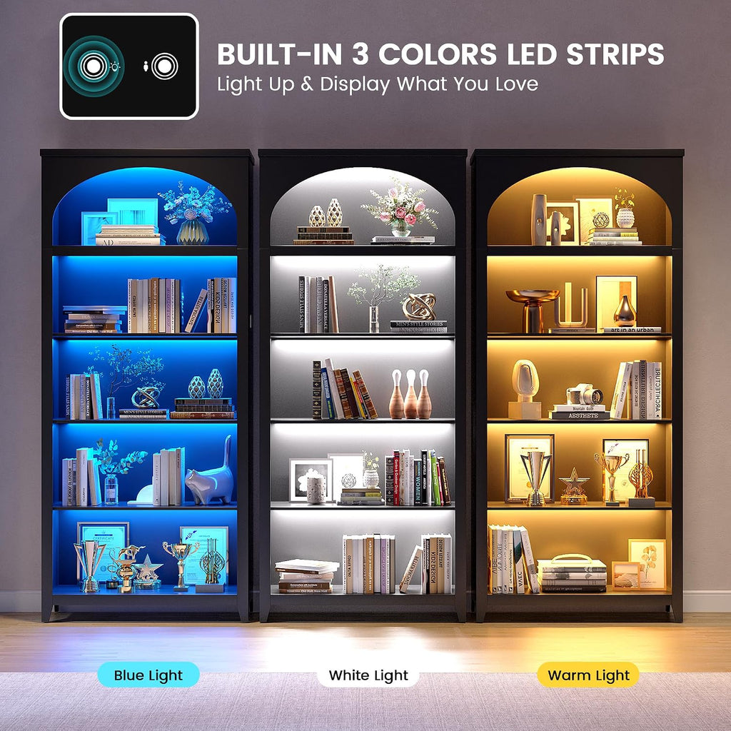5-Tier Wooden Bookshelf with LED Lights, 70 Inch Tall Bookshelf with Storage, Floor Standing Modern Style Display Bookcase for Living Room, Office, Study Room, Entryway - Black