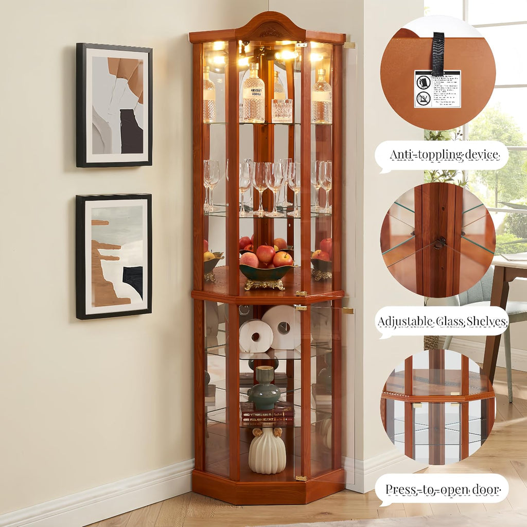 Ball & Cast 72' H Lighted Corner Curio Cabinet with Curved Top Carving,Glass Display Cabinet with 6 Tempered Adjustable Glass Shelves and Doors,Light Bulb Included, Rack for Liquor Storage,Oak