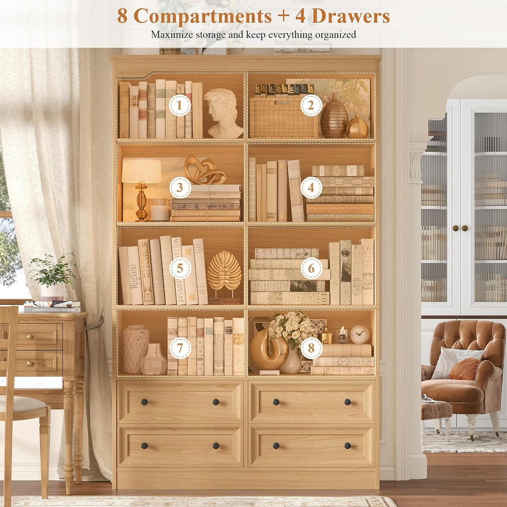 FINETONES 71' Tall Bookshelf with 4 Drawers, 6-Tier Double Wide Bookshelves and Bookcases with Storage, Natural Bookshelf Large Open Bookshelves Standing Book Cabinet for Home Office