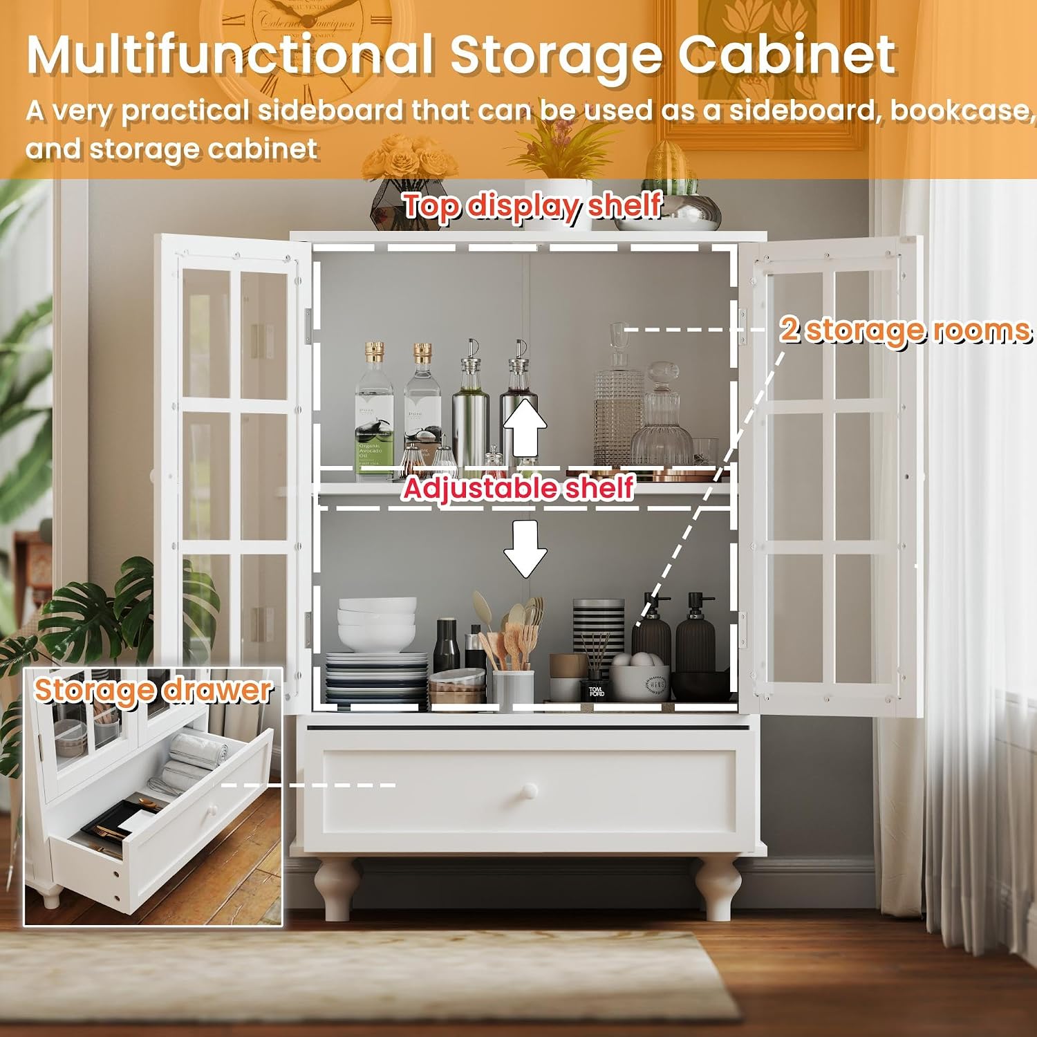 KEIKI Sideboard Buffet Cabinet with Glass Doors and Drawer, Wooden Storage Cabinet with Adjustable Shelf Modern Display Cabinet Cupboard for Living Room, Dining Room, Kitchen, Hallway, White