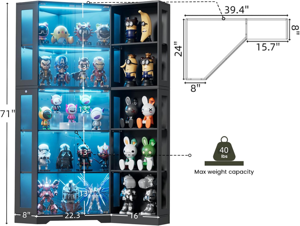 Corner Display Cabinet with Glass Doors,5-Tier Curio Cabinet with 3 Color Lights for Collectibles,71' Glass Display Case for Toys, Books, Extra Bookcase with 10 Dust-Proof Rack for Living Room, Black