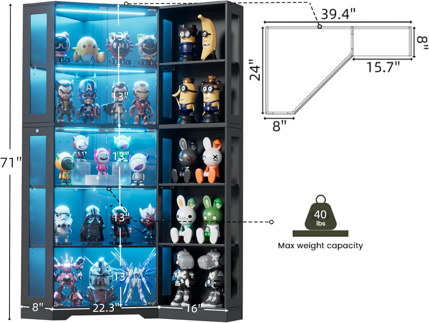 Corner Display Cabinet with Glass Doors,5-Tier Curio Cabinet with 3 Color Lights for Collectibles,71' Glass Display Case for Toys, Books, Extra Bookcase with 10 Dust-Proof Rack for Living Room, Black
