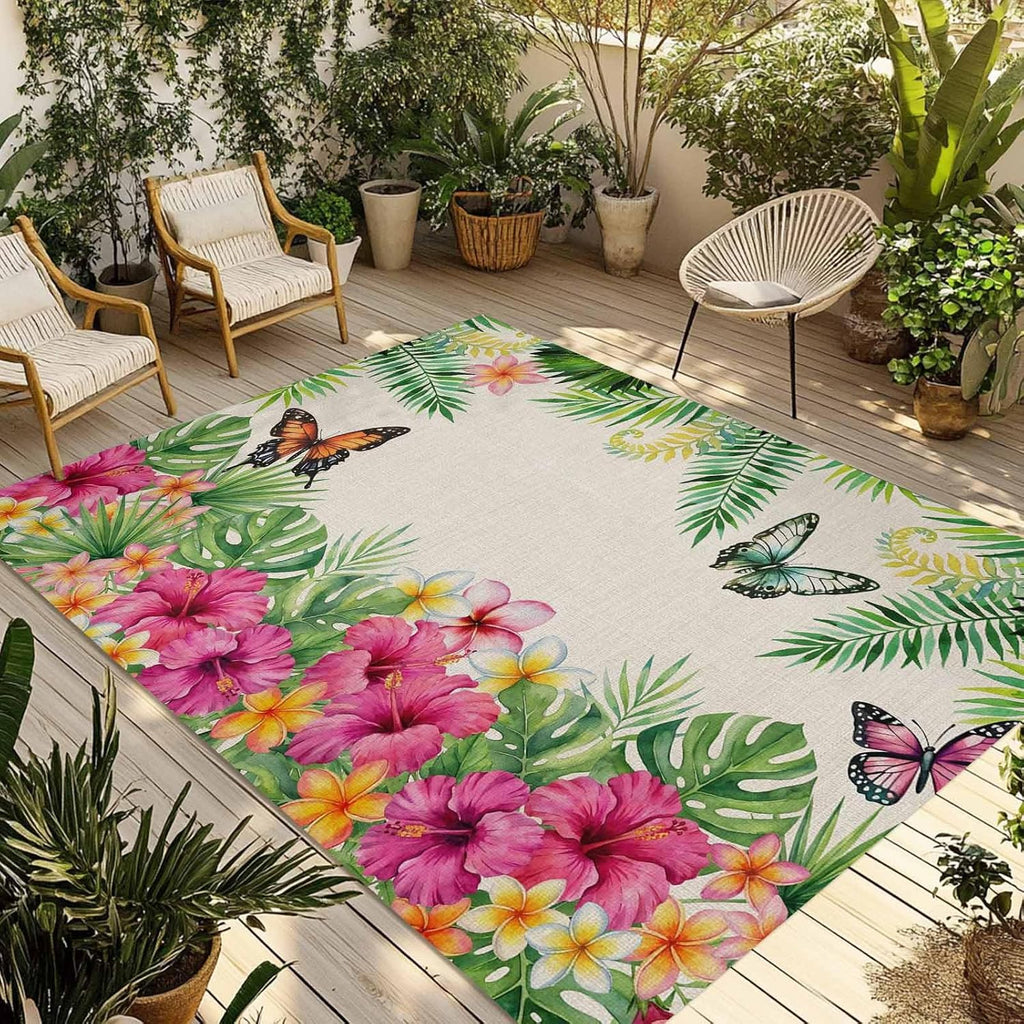 Outdoor Rug 6x9ft Vintage Tropical Plants Butterflies Patio Area Rugs Waterproof Easy Cleaning Non Shedding Thick Mats Gardenia Flower Carpet for Indoor Outdoor Porch Deck Backyard Balcony