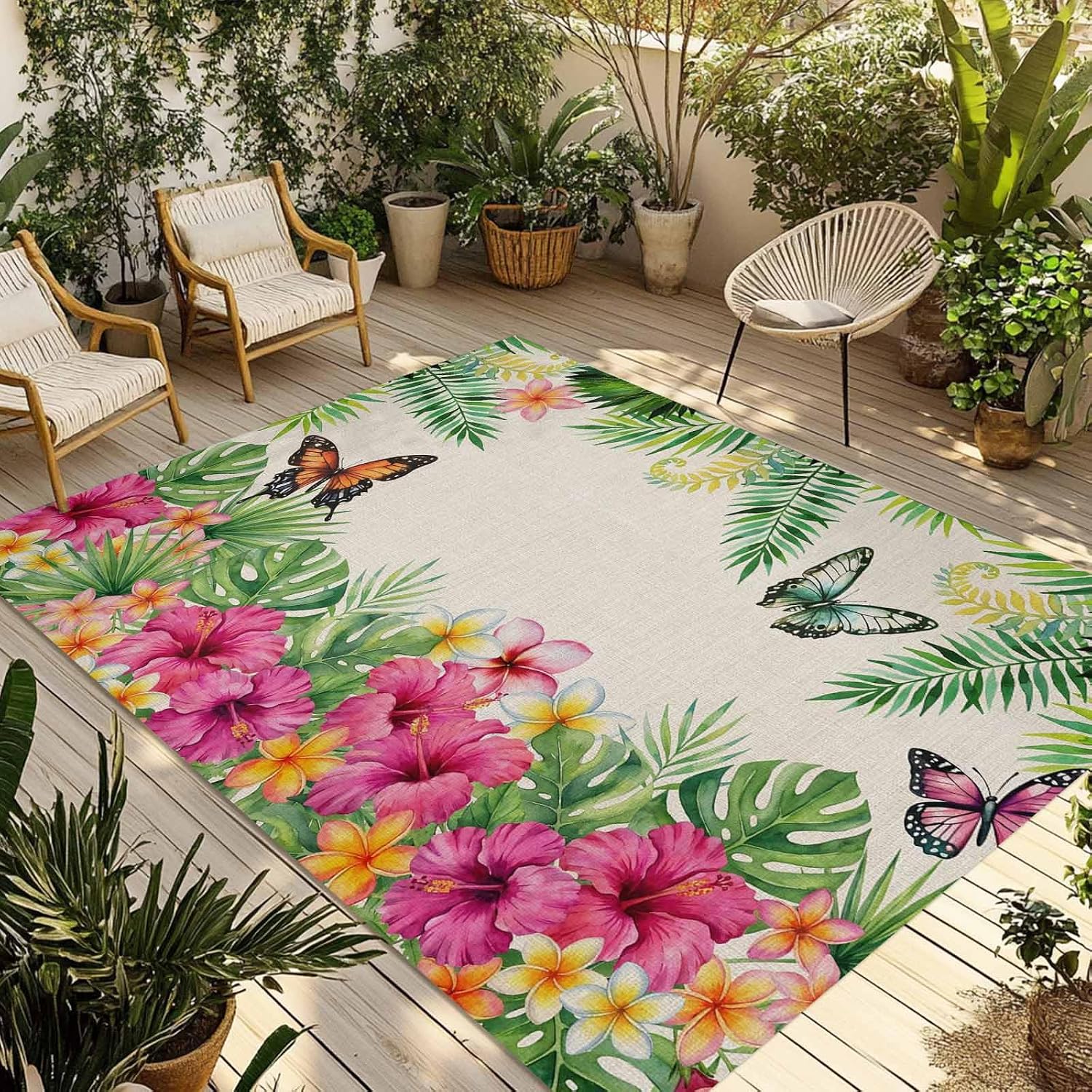 Outdoor Rug 6x9ft Vintage Tropical Plants Butterflies Patio Area Rugs Waterproof Easy Cleaning Non Shedding Thick Mats Gardenia Flower Carpet for Indoor Outdoor Porch Deck Backyard Balcony