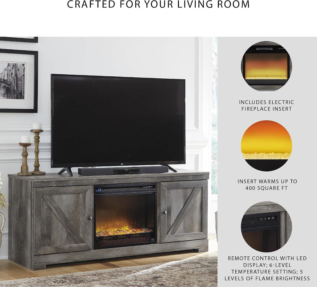 Signature Design by Ashley Wynnlow Farmhouse 63' TV Stand for TVs up to 72' with Electric Fireplace, Light Gray