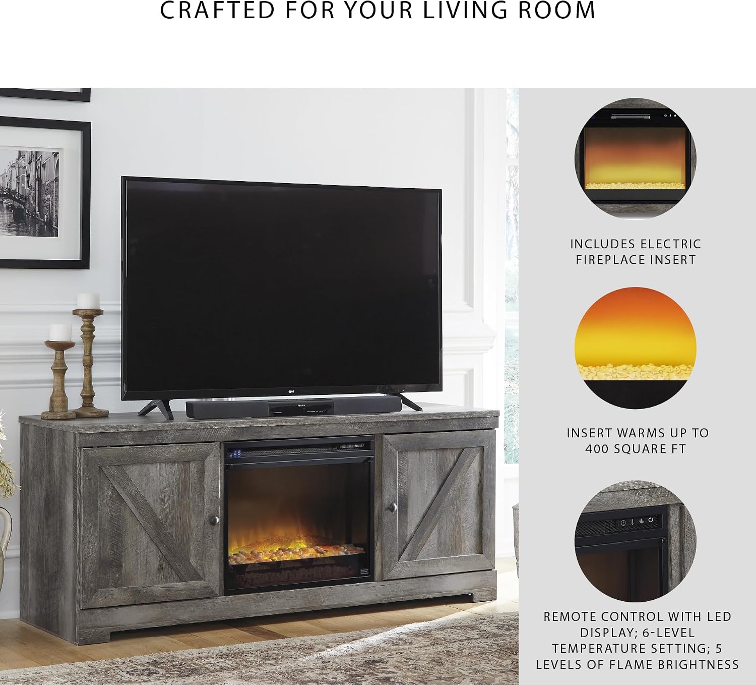 Signature Design by Ashley Wynnlow Farmhouse 63' TV Stand for TVs up to 72' with Electric Fireplace, Light Gray