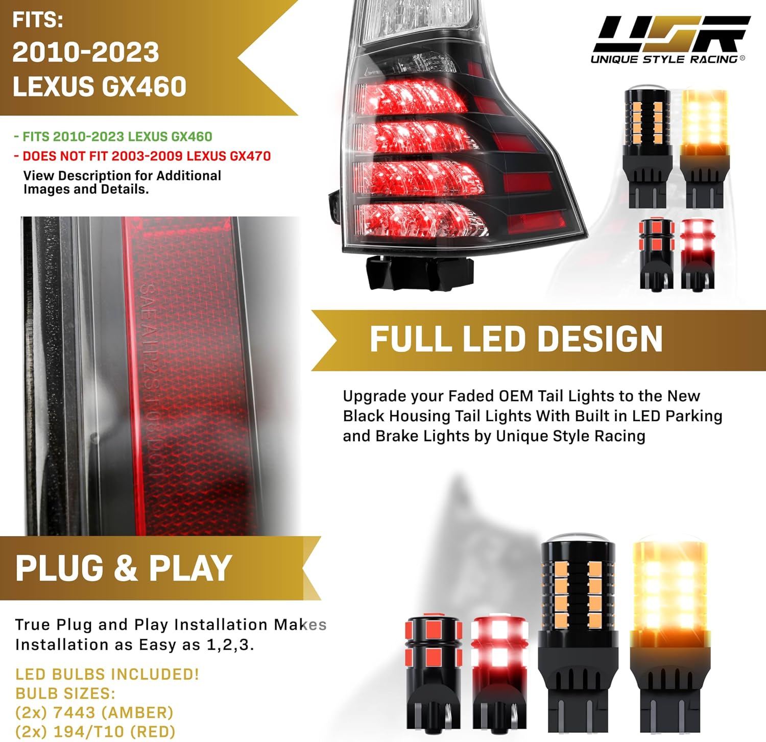 USR 10-23 9700 SUV Tail Light – with 4 LED Bulb Upgrade (Left + Right) Pair - Compatible with 2010-2023 Lexus GX460 All Models (OE F-SPORT STYLE BLACK HOUSING TAIL LIGHTS w/WIRE HARNESS & LED BULBS)