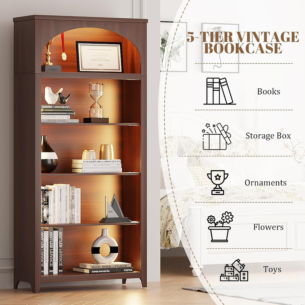 5-Tier LED Arched Bookshelf with Lights - 70'' Tall Bookcase with Storage, Floor Standing Modern Display Shelf for Living Room, Office, Study Room, Entryway, Ideal Gift, Walnut