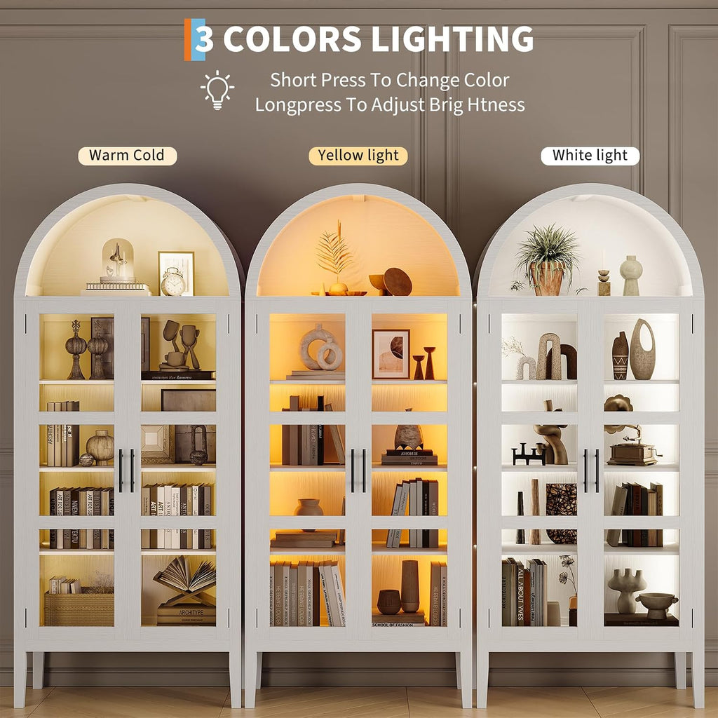 70 in Tall Arched Kitchen Pantry Cabinet with LED Lights, Modern Wood Arched Bookshelf with Glass Doors & Adjustable Shelves, Elegant Display Cabinet for Kitchen, Dining Room, Living Room