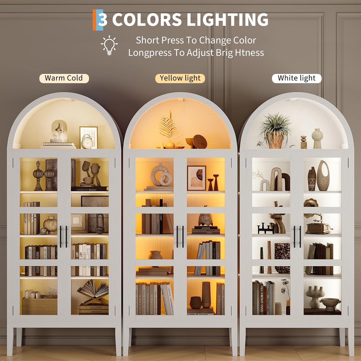 70 in Tall Arched Kitchen Pantry Cabinet with LED Lights, Modern Wood Arched Bookshelf with Glass Doors & Adjustable Shelves, Elegant Display Cabinet for Kitchen, Dining Room, Living Room