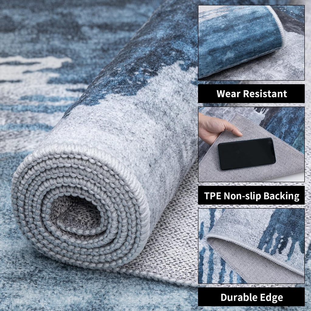 Ciicool Modern Abstract Deep Blue Gray Rug for Living Room, 8'x10' Machine Washable Area Rug Non-Slip Rug, Low-Pile Contemporary Indoor Dining Floor Carpet for Bedroom Office Under Table Home Decor