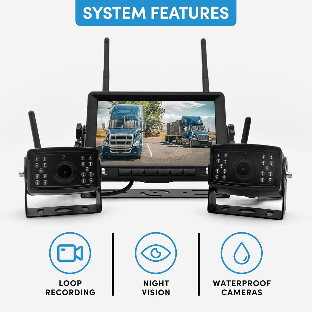Falcon Eye 2nd Gen Wireless Backup Camera System - 200-300ft Range, 7-inch LCD Monitor & HD Night Vision Camera - Expandable Up to 4 Cams for Trucks, RVs & Fleets