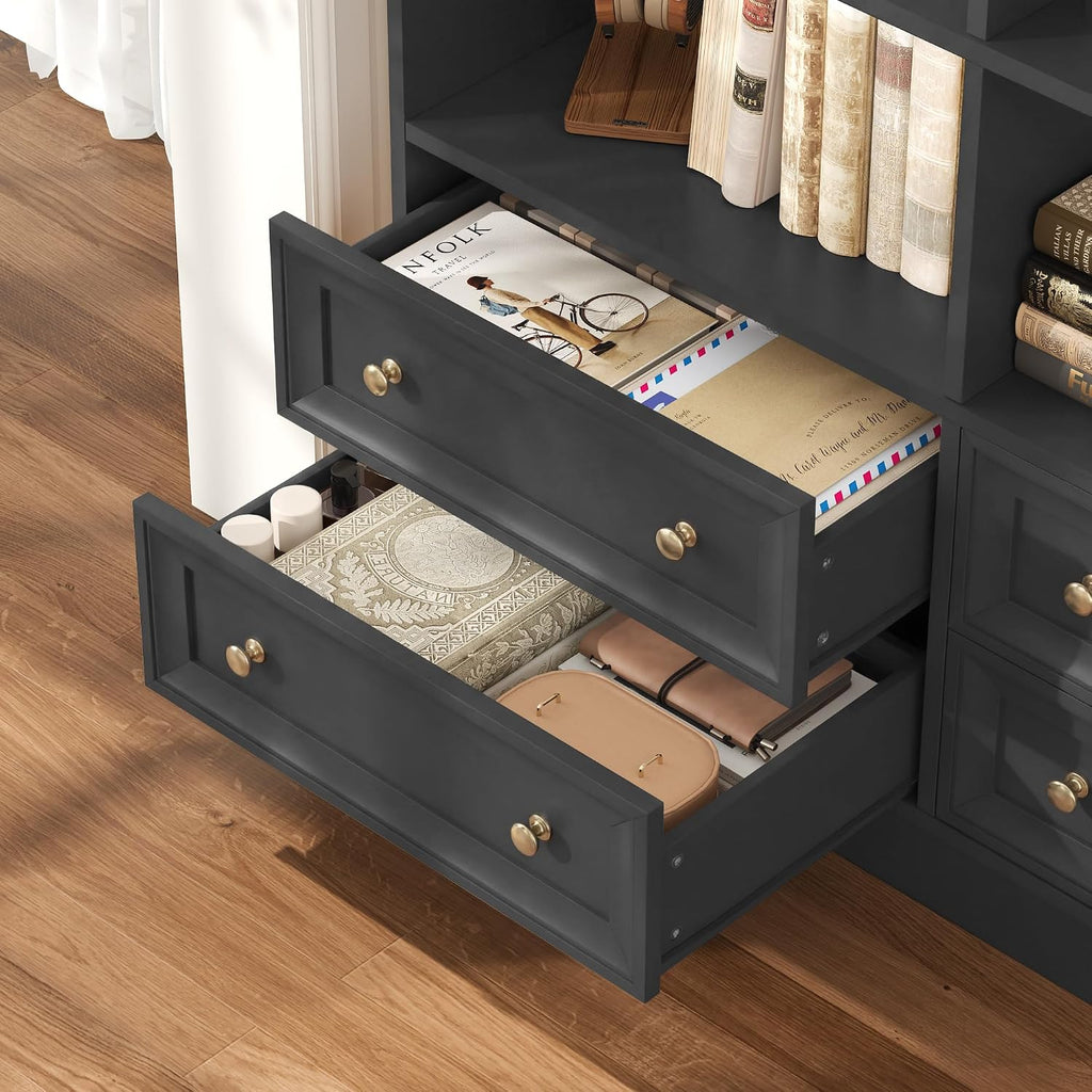 FINETONES 71' Black Bookshelf with 4 Drawers, 6-Tier Double Wide Bookshelves and Bookcases with Storage, Tall Bookshelf Large Open Bookshelves Standing Book Cabinet for Home Office, Black