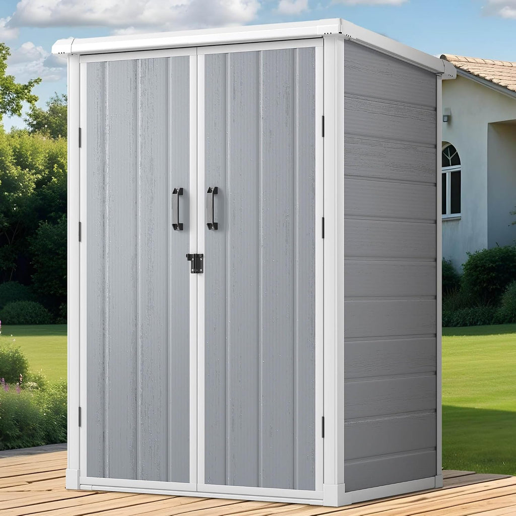 GOOBED Outdoor Storage Shed with 2 Adjustable Shelves, 49 Cu Ft Waterproof Vertical Garden Tool Shed with Lockable Door, Plastic Tall Tool Cabinet for Backyard Garden Patio Lawn, Gray