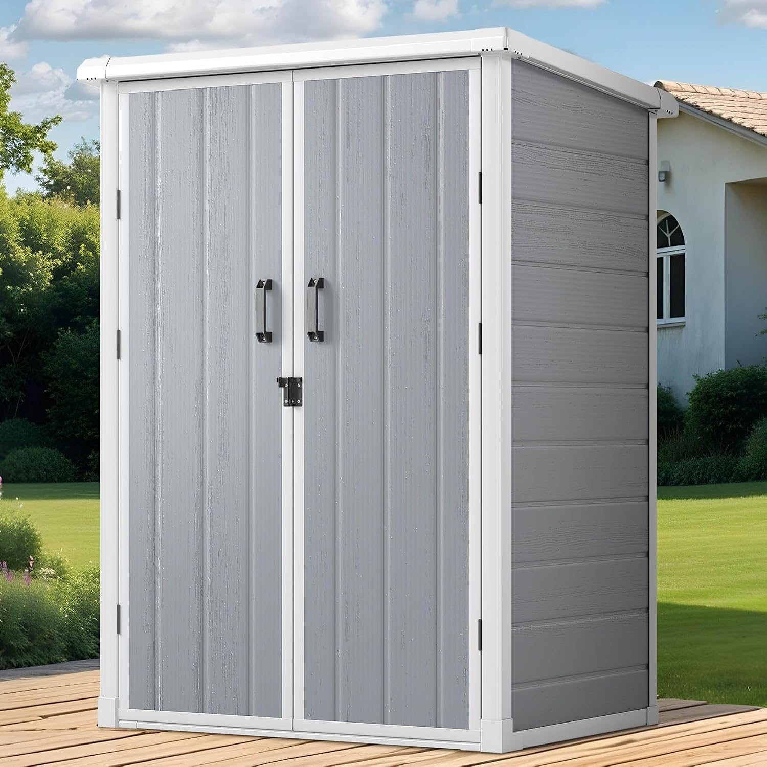 GOOBED Outdoor Storage Shed with 2 Adjustable Shelves, 49 Cu Ft Waterproof Vertical Garden Tool Shed with Lockable Door, Plastic Tall Tool Cabinet for Backyard Garden Patio Lawn, Gray