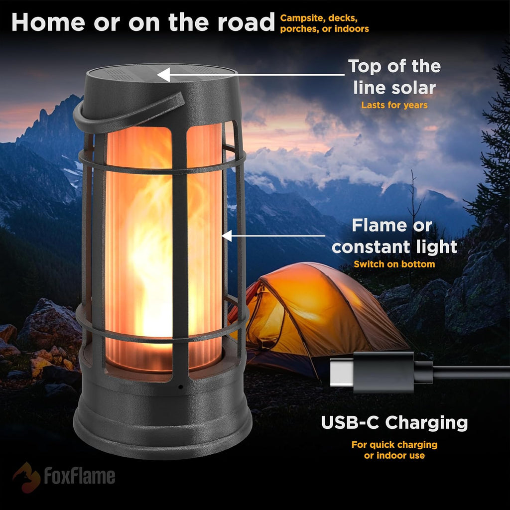FoxFlame Metal Outdoor Solar Lantern, Flickering Solar Lanterns Outdoor Waterproof with Patented LED,Outdoor Lanterns for Porch,Patio,Garden,Tabletop,Hanging Use,Matte Black(4 Pack)