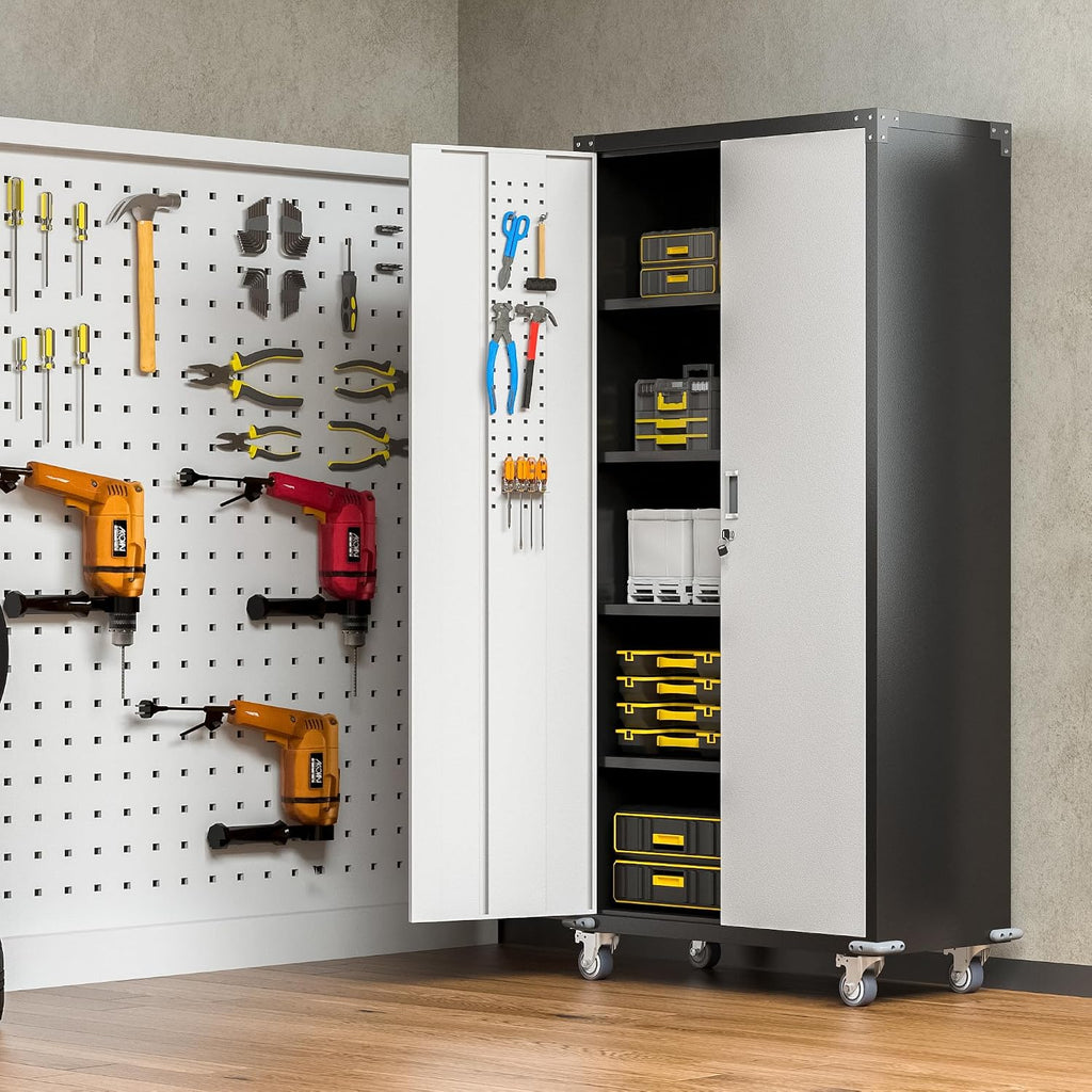 Upgraded Metal Storage Cabinet with Wheels, Lockable Rolling Garage Storage Cabinet with 2 Pegboard, Steel Garage Cabinets on Wheels with 4 Adjustable Shelves, White&Black