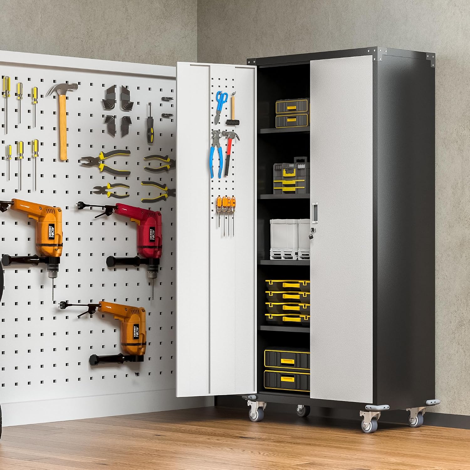 Upgraded Metal Storage Cabinet with Wheels, Lockable Rolling Garage Storage Cabinet with 2 Pegboard, Steel Garage Cabinets on Wheels with 4 Adjustable Shelves, White&Black