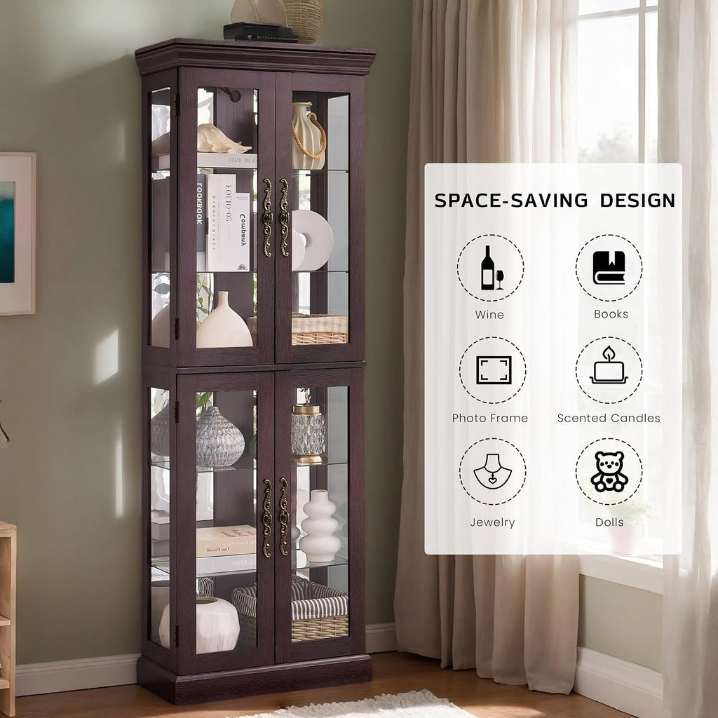 Lighted Curio Cabinet 71' Vintage Glass Display Case with Adjustable Shelves, 4 Tempered Glass Doors, Bulb Included, Wooden Square Wine Bar China Cabinet for Living Room Liquor Storage (Dark Cherry)