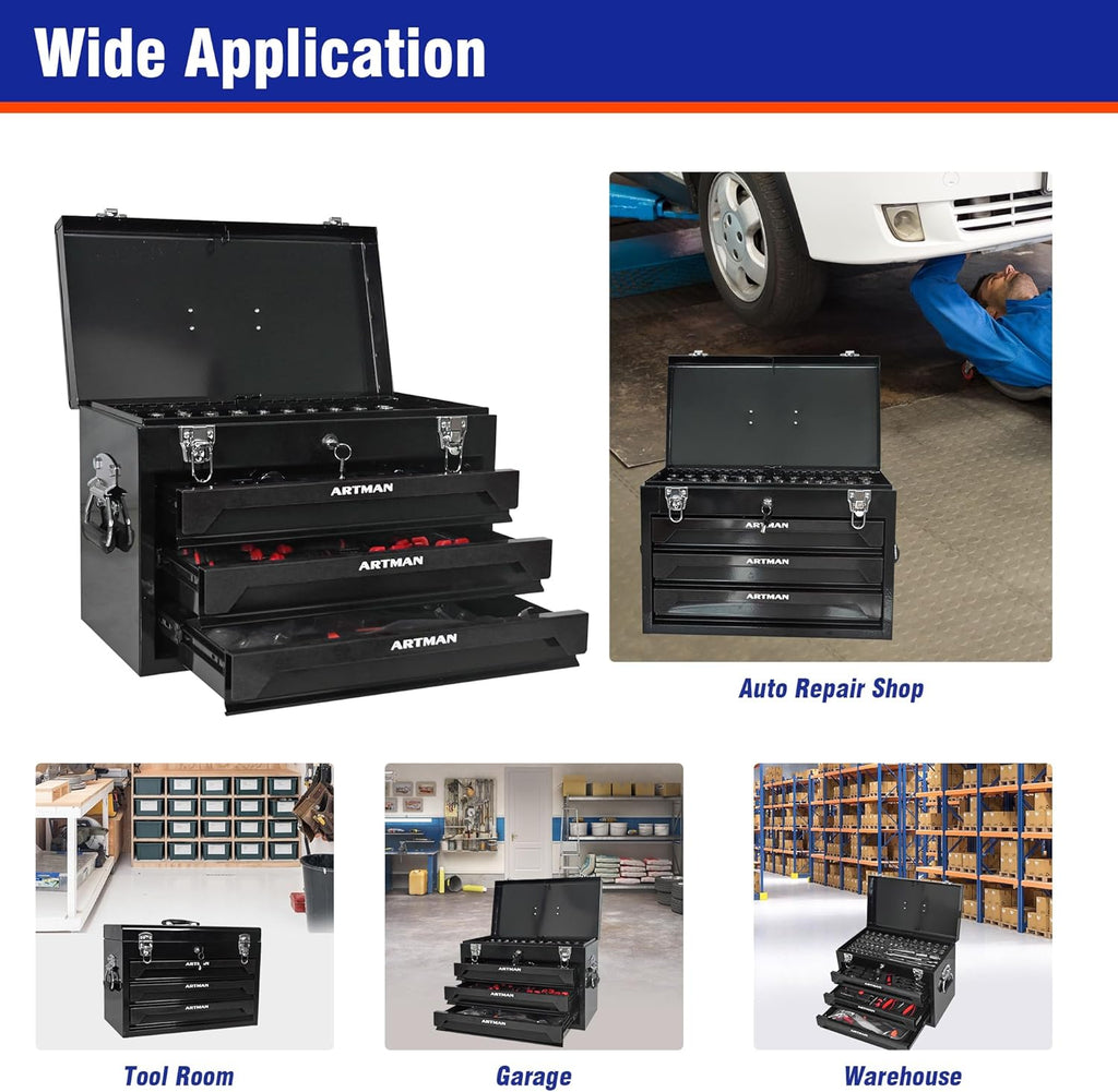 20' Portable Tool Box with Key Lock, 439 Piece Mechanics Tool Set, 3 Drawers & Top Storage Tray Toolbox with Metal Latches & Carrying Handle for Garage, Warehouse, Repair Shop & Home (Black)
