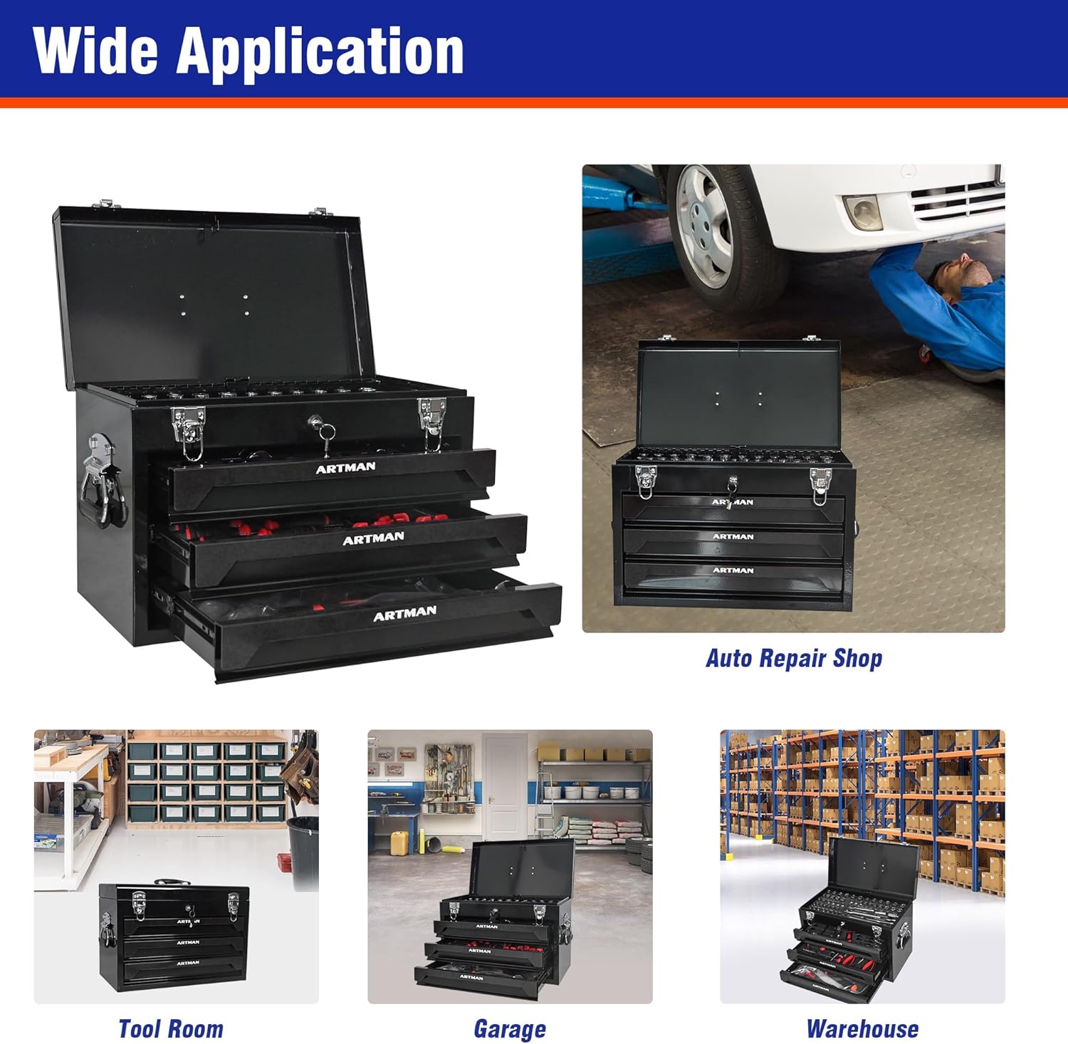 20' Portable Tool Box with Key Lock, 439 Piece Mechanics Tool Set, 3 Drawers & Top Storage Tray Toolbox with Metal Latches & Carrying Handle for Garage, Warehouse, Repair Shop & Home (Black)