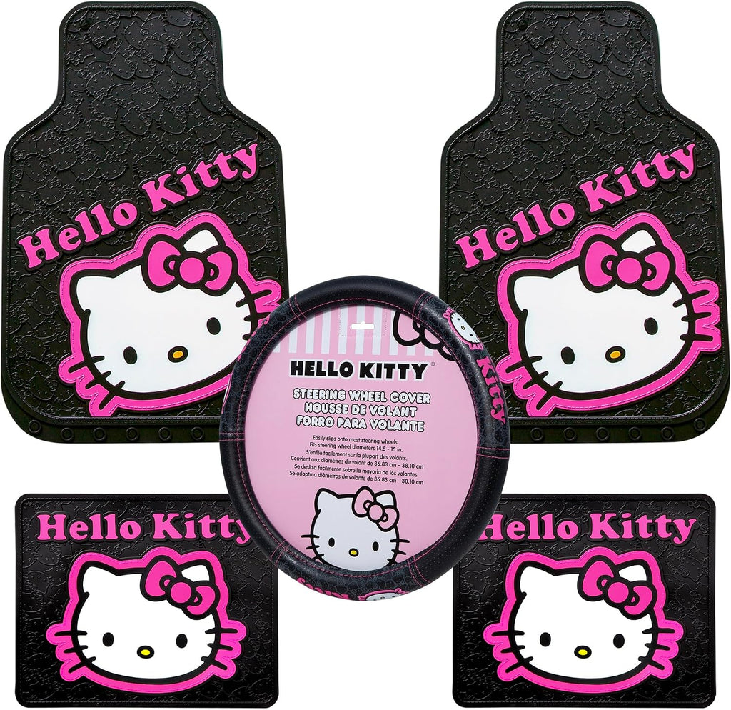 Plasticolor 008890ZA1 Hello Kitty Collage Hot Pink Sanrio Front & Rear Floor Mats and Steering Wheel Cover Set for Car Truck SUV - 5PC