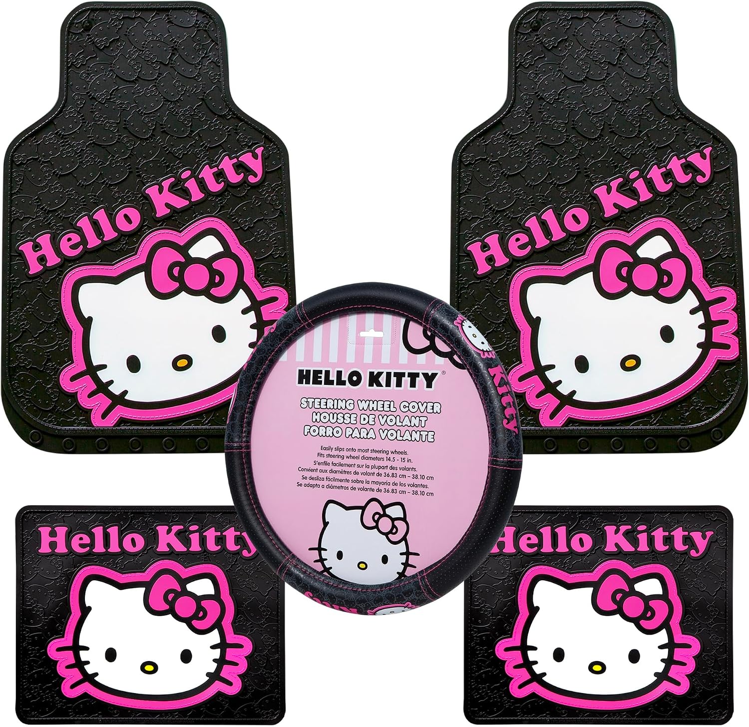 Plasticolor 008890ZA1 Hello Kitty Collage Hot Pink Sanrio Front & Rear Floor Mats and Steering Wheel Cover Set for Car Truck SUV - 5PC