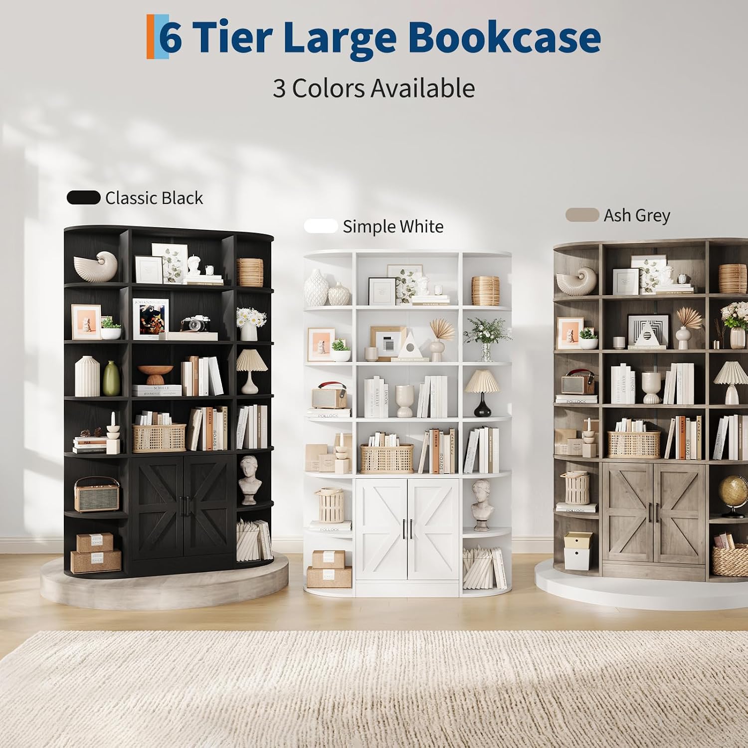 Garvee 75in Tall Bookcase with Storage Cabinet, 6-Tier Wide Floor Bookshelf with Doors, Modern Wooden Standing Display Shelf Organizer for Home Office Living Room Bedroom, White