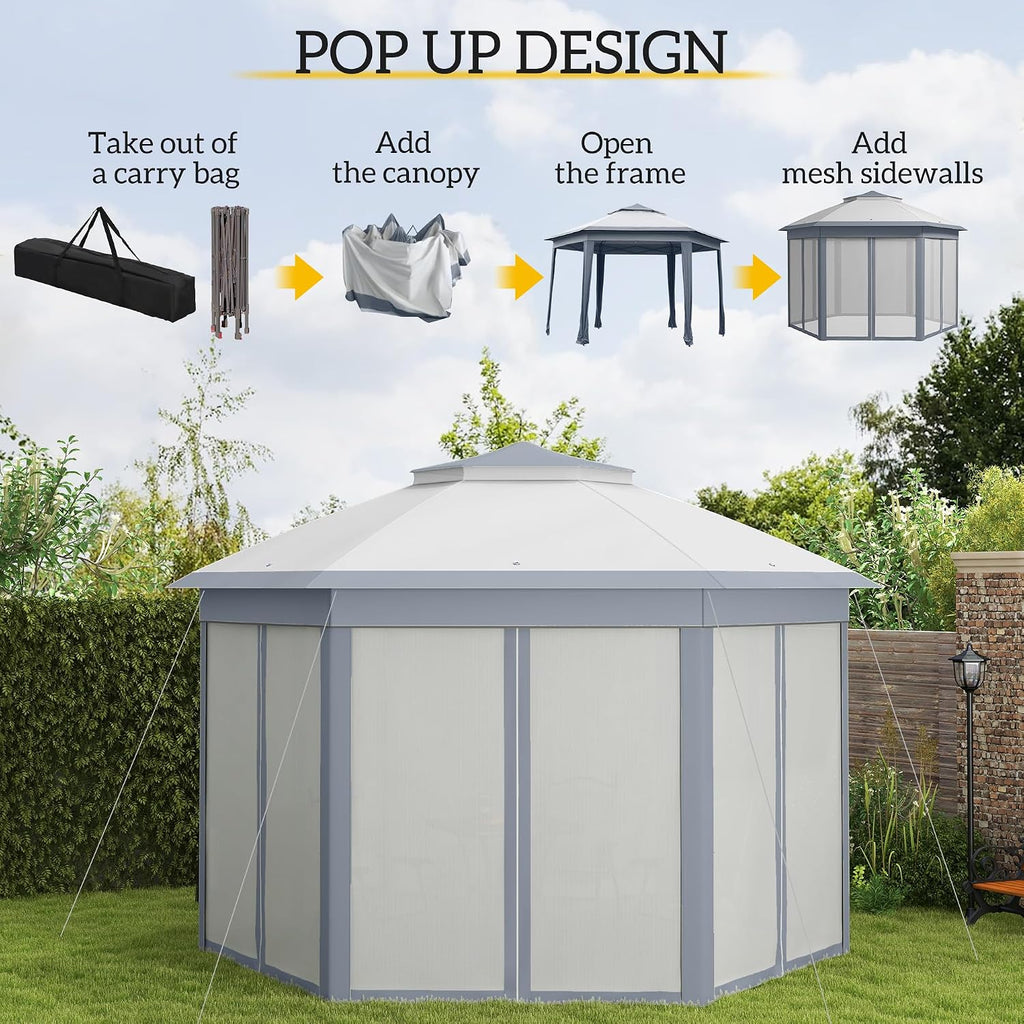 Outsunny 13' x 13' Pop Up Gazebo, Hexagonal Canopy Shelter with 6 Zippered Mesh Netting, Event Tent with Strong Steel Frame for Patio Backyard Garden Wedding Party, Gray