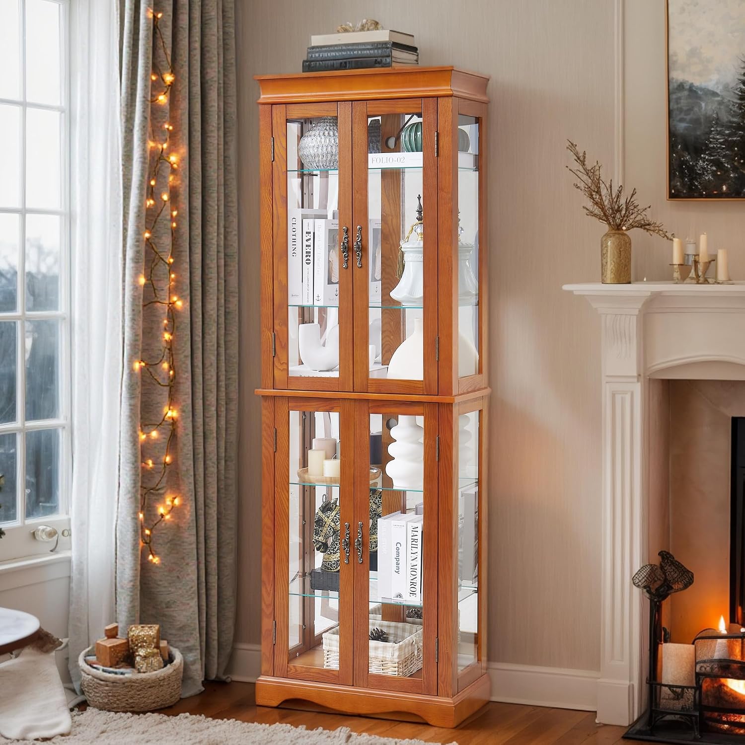 71' Lighted Curio Cabinet with 6 Adjustable Shelves, Vintage Glass Display Case, Tempered Glass Doors, Tall Wine Bar Cabinet for Living Room Liquor Storage, Bulb Included