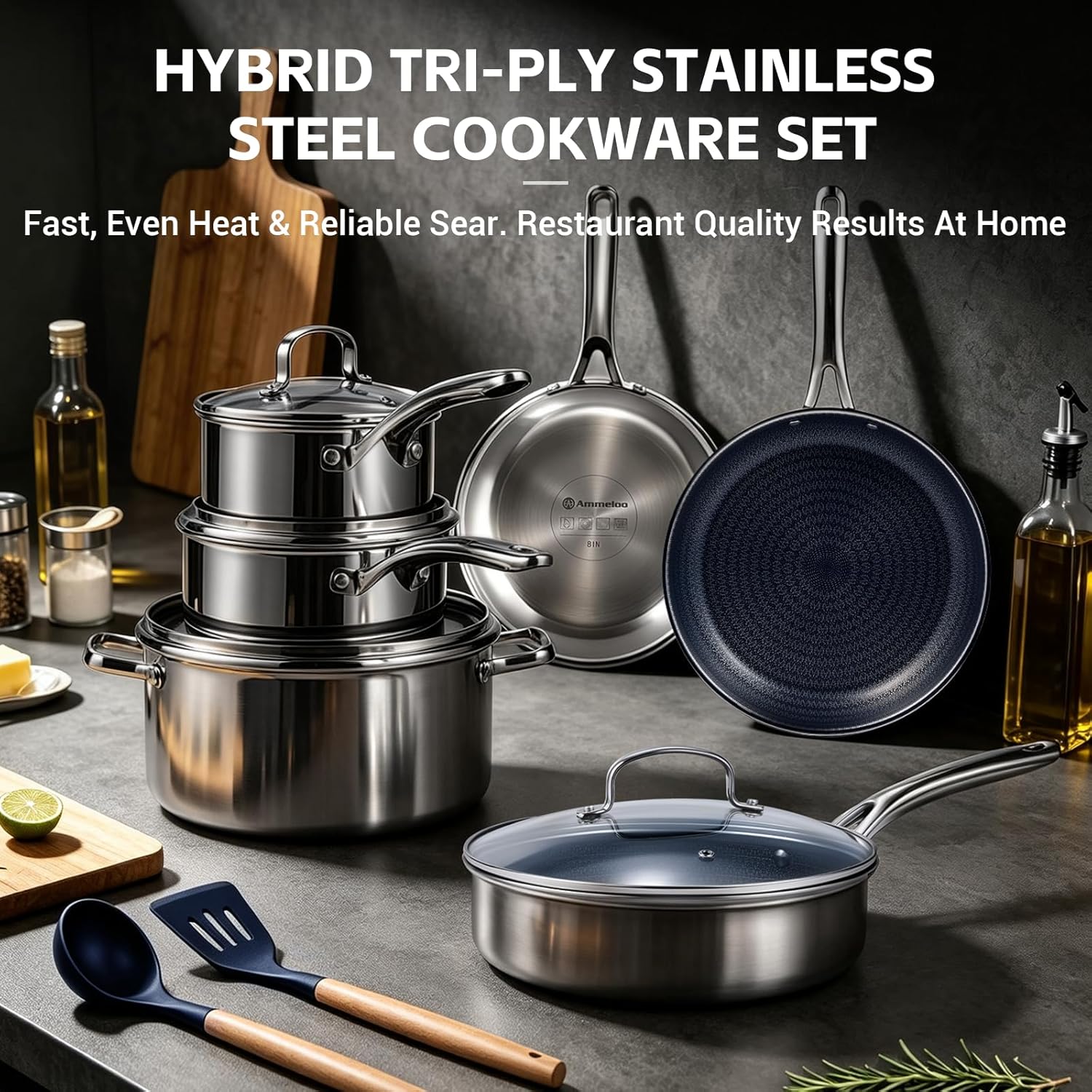 Ammeloo Hybrid Stainless Steel Cookware Set, 17-Piece Tri-Ply Pots and Pans Set Non Stick, Induction Kitchen Cookware Sets, Dishwasher & Oven Safe, PFOA Free, All Cooktops Compatible, Navy Blue