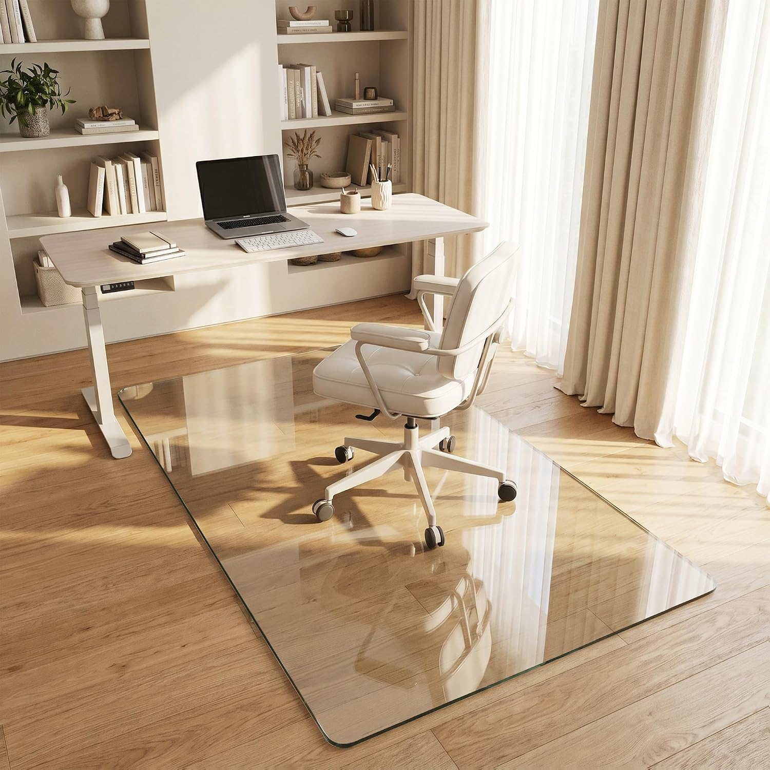 Tempered Glass Chair Mat for Hardwood Floor, 40' x 60' Heavy Duty Glass Office Chair Mat, for Low Pile Carpet, 0.2' Thick with 4 Non-Slip Pads, Smooth Rolling for Home & Office