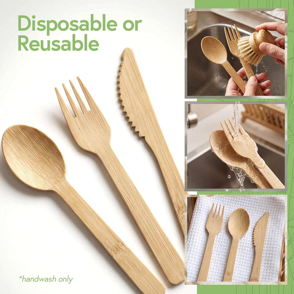 100% Bamboo Cutlery Set - 3000 Utensil Disposable Set (1000 Forks, 1000 Spoons, 1000 Knives) | Reusable or Disposable Utensils for Party | FSC Certified Flatware for Weddings, Camping, Parties