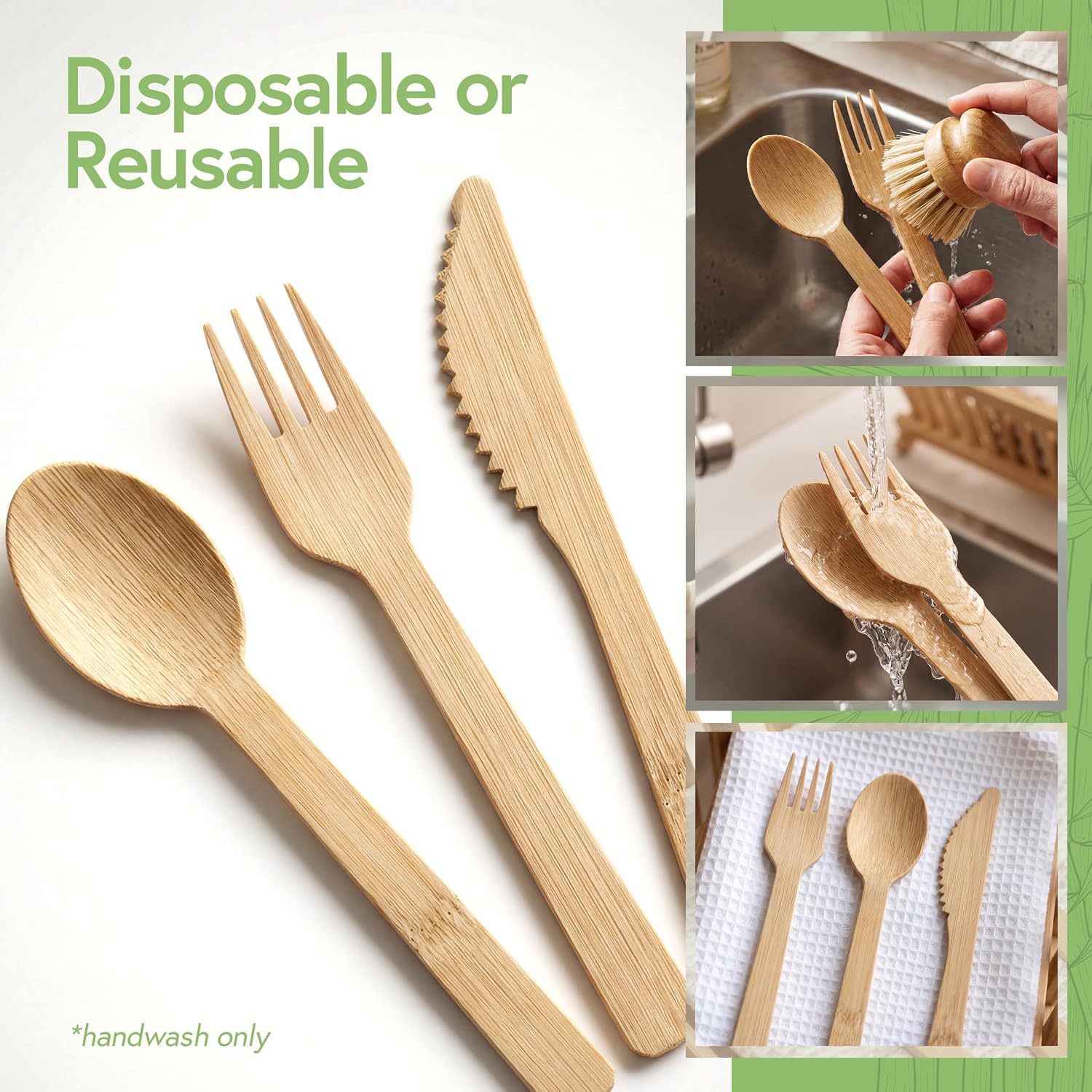 100% Bamboo Cutlery Set - 3000 Utensil Disposable Set (1000 Forks, 1000 Spoons, 1000 Knives) | Reusable or Disposable Utensils for Party | FSC Certified Flatware for Weddings, Camping, Parties