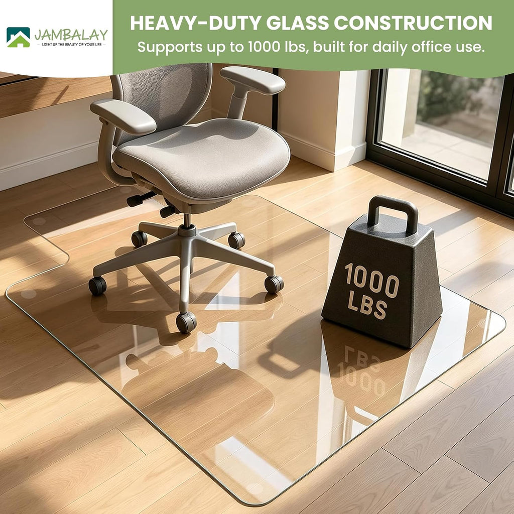 JAMBALAY Irregular Tempered Glass Chair Mat with Lip, 46'x36' Heavy Duty Glass Floor Mat for Carpet/Hard Floors, Carpet Office Chair Mats with Anti-Slip Pads, Thick 0.2″, Clear